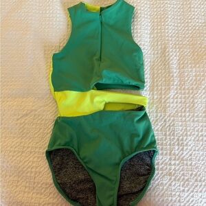 Five Dancewear Green and Yellow Cutout Leotard, YXL